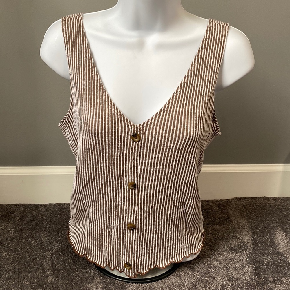 S Small v neck cut brown and white stripes Blouse